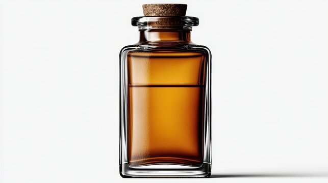 Amber glass apothecary bottle with cork stopper isolated on white background