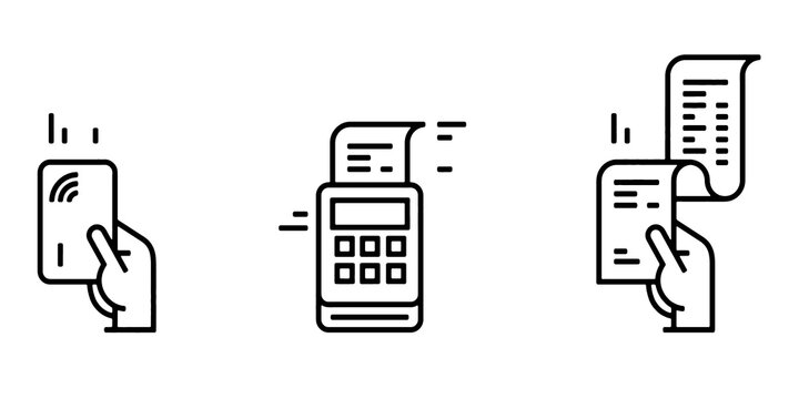 Set of payment options vector elements in flat style. Credit card processing, hand holding debit-credit card, cash and receipt. Vector Illustration.