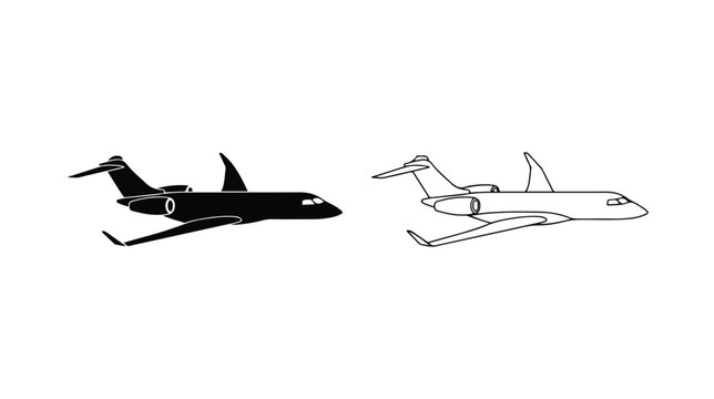 Private jet vector icons set, luxury business airplane silhouette and outline graphics, corporate aviation travel symbols for web and print design