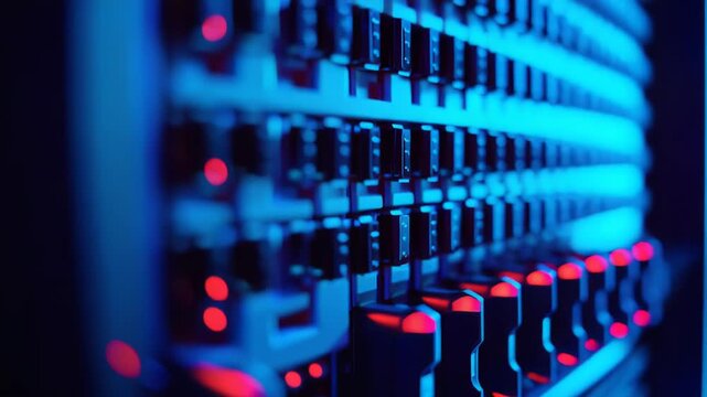 Server rack operating in a data center, with blue and red lights blinking, symbolizing network activity, cyber security, and cloud computing infrastructure