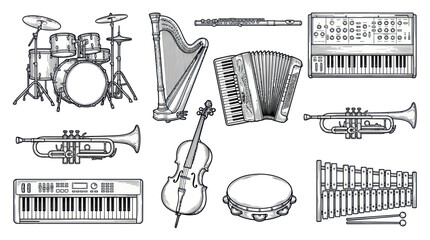 Musical instruments collection with drums harp piano and trumpet © Wijil