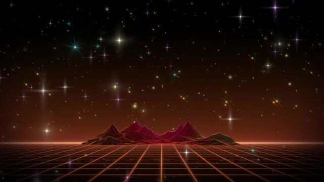 Retro mountain landscape with glowing grid surface and shimmering stars in a vibrant digital motion video animation