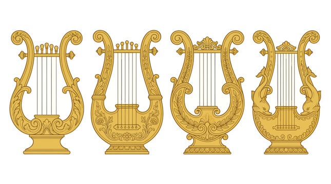 Set of ornate golden lyres with classical decorative patterns