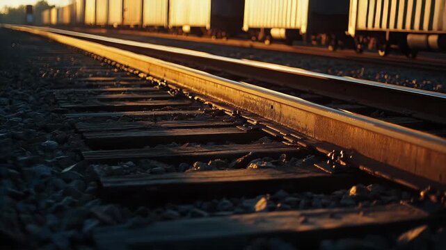 Warm golden sunlight illuminates steel railway tracks and wooden sleepers at sunset, capturing the beauty of industrial transportation and evening travel atmosphere in stunning detail