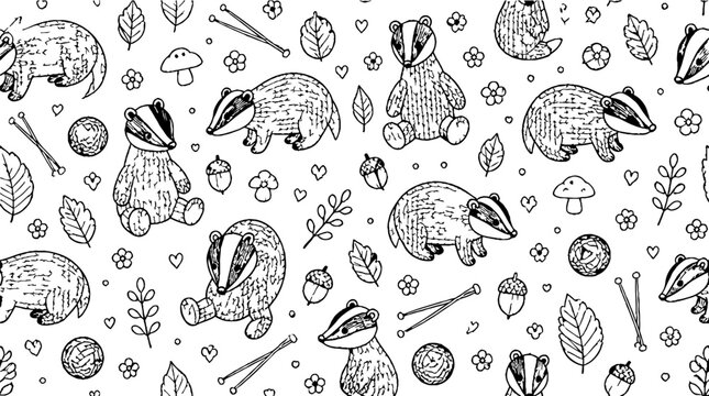 Whimsical badger and forest elements pattern design.