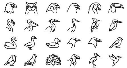 Fototapeta premium Wild Bird Black Line Icon Set Collection with Eagle Owl Parrot and Waterfowl Outline Vector Isolated