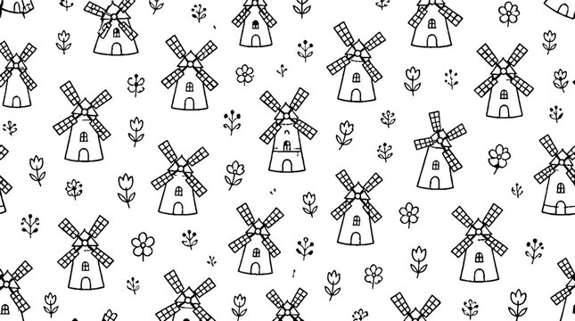 Black and white windmill pattern with flowers and trees.