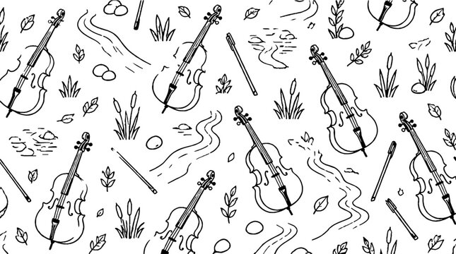 Elegant violins and bows with nature elements pattern.