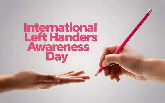 International Left Handers Awareness Day with hands and pink pencil left handers day