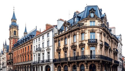 Fototapeta premium A street view featuring classic architecture with intricate facades, windows, and ornate details under a bright, overcast sky