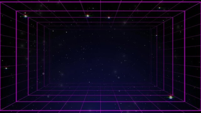 Glowing white particles floating inside a purple neon grid structure within this immersive digital motion graphic video clip