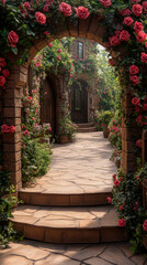 Fototapeta premium Enchanting Stone Path Leading Through Floral Archway Covered in Vibrant Pink Roses into Magical Secret Garden Cottage Courtyard During Beautiful Sunny Spring Afternoon
