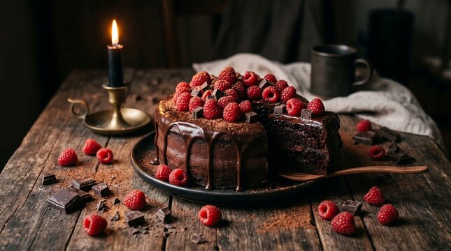 Chocolate cake with raspberries and chocolate pieces on wooden table with lit candle