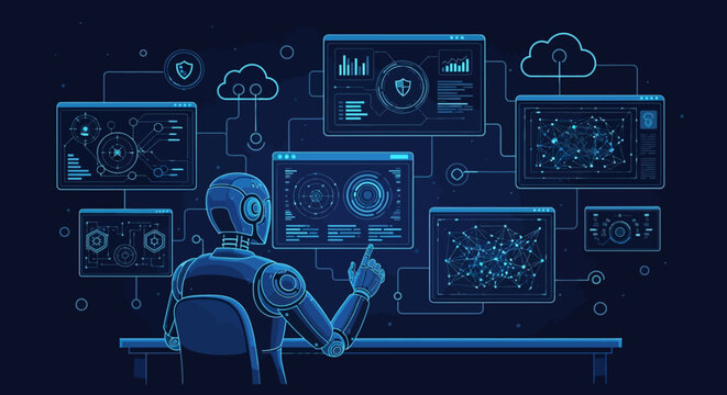Robot interacting with multiple computer screens displaying data and charts.