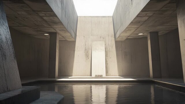 Modern brutalist architecture featuring raw concrete walls, a large skylight illuminating a water pool, and creating strong light and shadow reflections on the structure