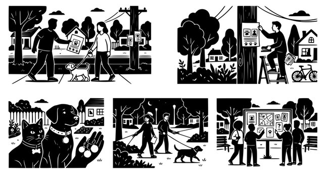 Community effort searching for missing pets in neighborhood with posters and search parties in detailed black and white illustration collection set