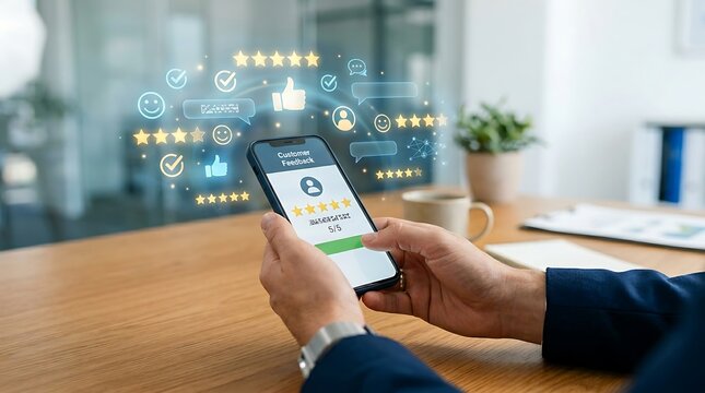Person using mobile phone to submit customer feedback with glowing five star satisfaction rating.