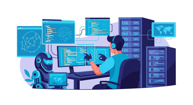 Programmer working on computer with robot assistant and servers.