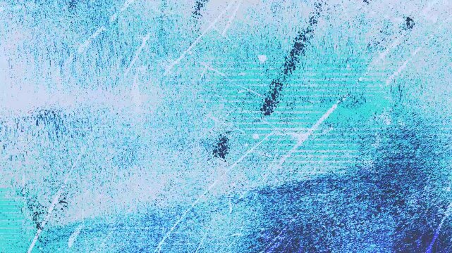 Animated dynamic background in retro abstract grunge style with grainy texture and lots of scratches, blue and turquoise color scheme, cyclic animation.