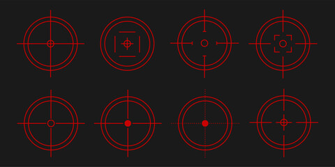 Red vector targeting reticles with crosshair design. Military aim symbols for sniper scopes, shooting games, combat HUD overlays, tactical navigation, and cyber weapon interfaces. © Svitlana Tolmach 