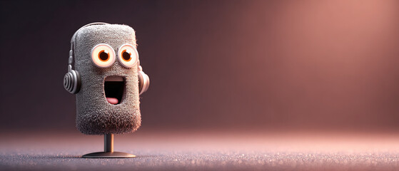 Adorable microphone cartoon with big eyes and headphones on a stand, set against a warm, softly lit background. Perfect for podcasts, media, and creative content designs.
