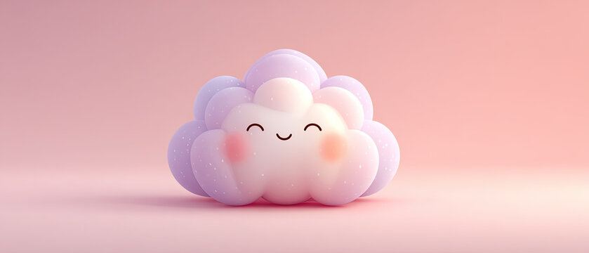 Adorable pastel cartoon cloud with a happy face on a pink gradient background, ideal for children&acirc;&euro;&trade;s designs, branding, and playful creative projects.