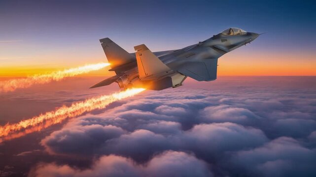 Modern fighter jet soaring through vibrant sunset sky with fiery trails in dynamic aerial display