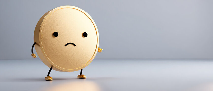 Gold coin with sad face and arms, standing alone on a smooth gray surface with copy space. Minimalist and whimsical concept for finance, loss, or emotional themes.