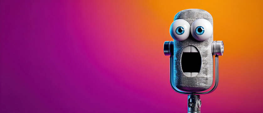 Retro microphone with cartoon eyes and mouth, expressing surprise against a vibrant orange and magenta gradient background. Fun, creative concept for entertainment and media.