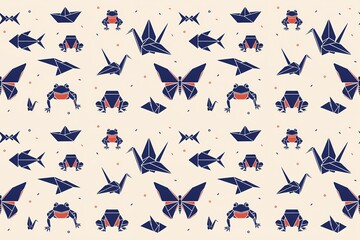 Fototapeta premium Seamless pattern featuring stylized origami paper animals including frogs, cranes, butterflies, and boats on a light beige flat background