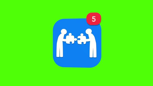 A 3D two people connecting jigsaw puzzle pieces together teamwork collaboration partner notification icon popping up and rotating on a green screen chroma key background with a red number counter anim