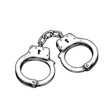 Hand Drawn Handcuffs Sketch Illustration With Metal Chain Law Enforcement And Crime Concept