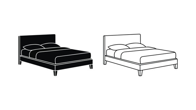 Minimalist double bed icon set, modern bedroom furniture vector illustration, black and white outline bed frame with pillows and mattress