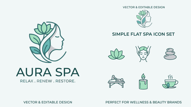 Aura Spa Logo Design with Beauty and Wellness Icons.