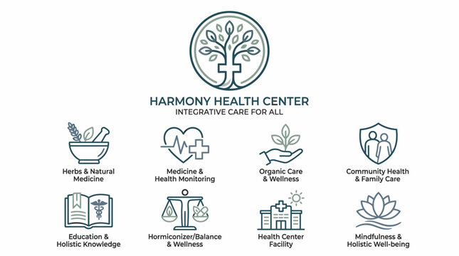 Harmony Health Center branding logo and service icons set.