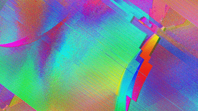 Fragmented glitch halftone with stepped color transitions in bright teal and magenta with datamosh dot breakup and analog distortion. Suits a 2000s rave and DJ event flyer workflow
