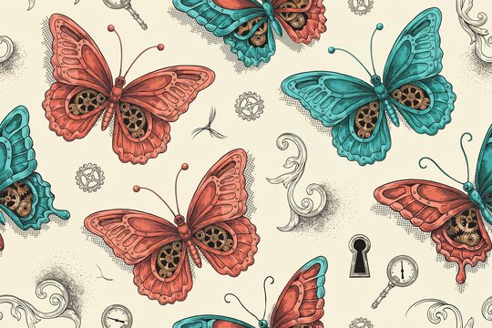 Seamless pattern featuring steampunk butterflies with mechanical gear wings, vintage keyholes, and ornate scrolls on a light cream colored background