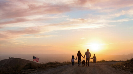 Fototapeta premium Happy family of four holding hands walking with their pet dog on scenic dirt trail during beautiful golden sunset with American flag flying in background landscape