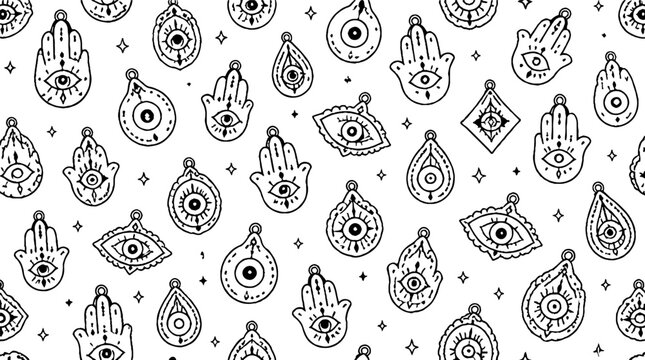 Intricate black and white hamsa and evil eye pattern design.