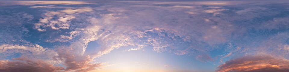 Obraz premium Sky panorama sunset showing glowing pink cirrus clouds for 3D visualization and architectural sky replacement projects