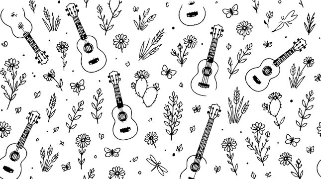 Hand drawn ukuleles and flowers seamless pattern design.