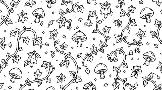 Whimsical Mushroom and Ivy Pattern Design.