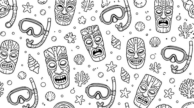 Tiki masks and snorkeling gear tropical pattern design.