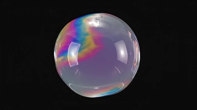 An iridescent liquid sphere floating against a dark black background