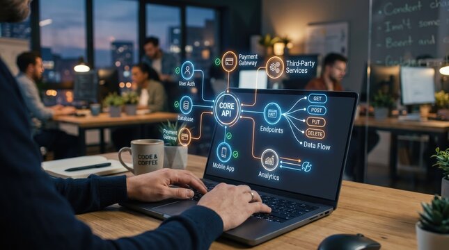 Core API software development on laptop, programmer working on digital interface in modern office, cloud computing and data flow visualization