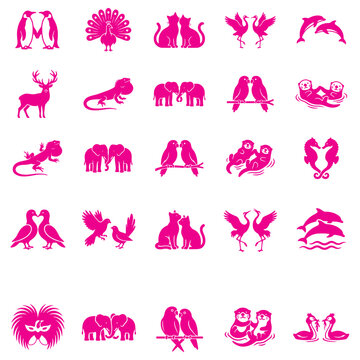 Animal Courtship Rituals and Wildlife Mating Pairs Silhouette Set, Fauna Heart Formations Elephant Trunk Intertwining Sea Otter Holding Hands and Lovebirds Vector Illustration