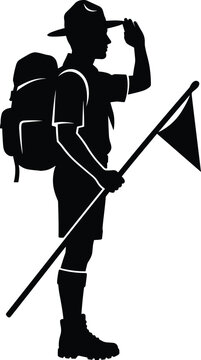 Boy scout silhouette holding flag with backpack, young camper in uniform saluting, outdoor adventure, youth organization graphic symbol