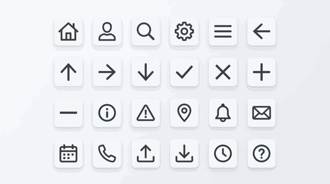 Square button interface icon set with soft shadows interface navigation