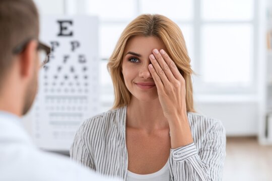 Woman undergoing eye examination with eye chart in optometrist office