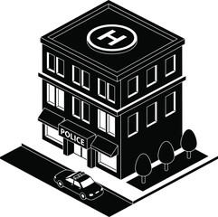 Isometric police station building silhouette, department office with patrol car, law enforcement infrastructure icon, urban security facility, architectural graphic illustration © MstSumi